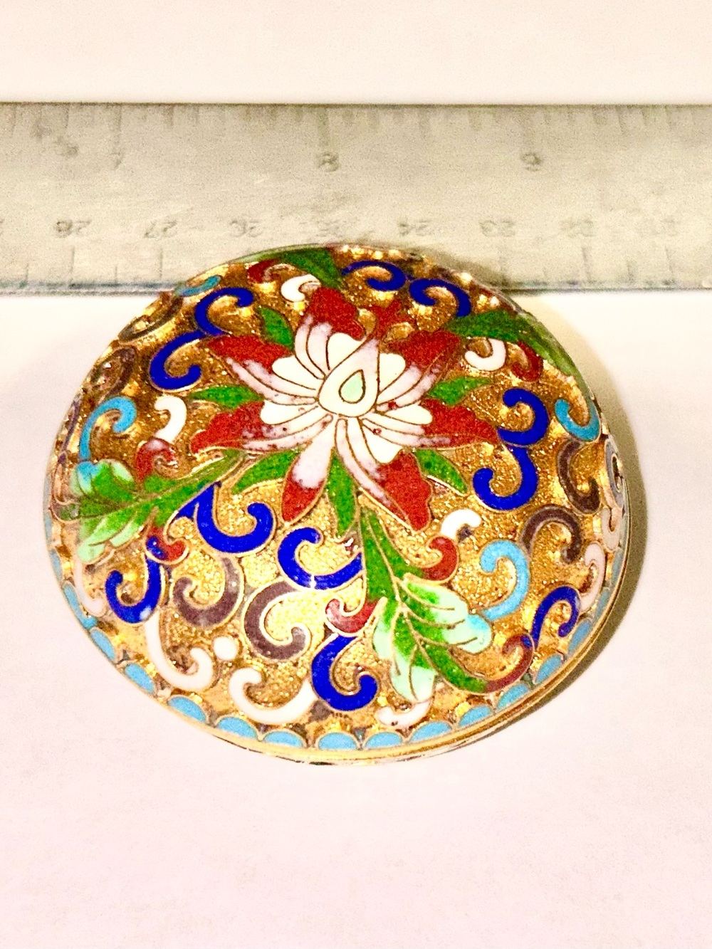 Vintage Cloisonné Champleve Enamel Trinket Box Floral Gold Tone Round Box